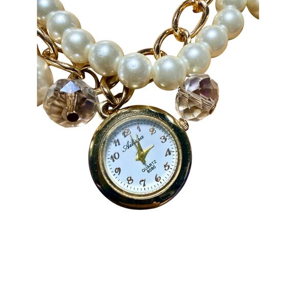 Coquette Pearl Charm Bracelet Watch | Gold Tone Crystal Dangle | New Battery - Picture 6 of 6